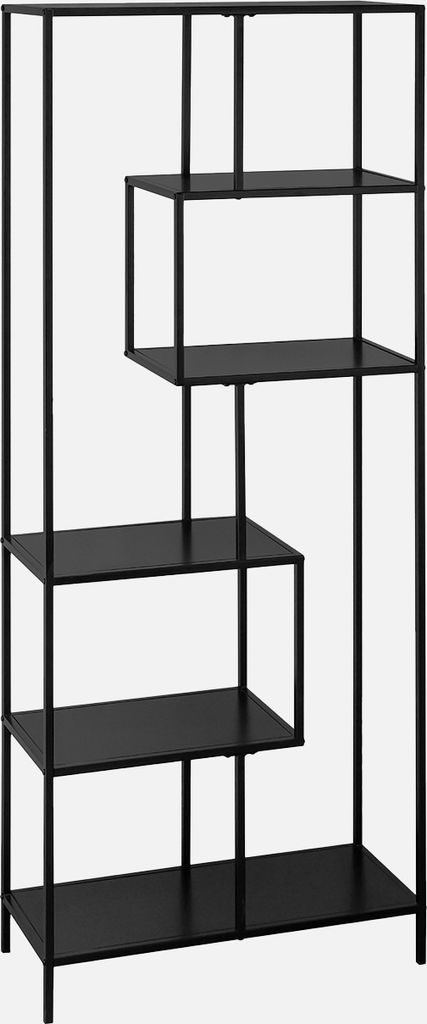 A black metal bookshelf with an asymmetrical design and six shelves.