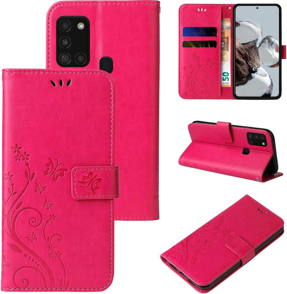 Handyhülle für Samsung Galaxy A21s Floral Blumen Schmetterling Flip Cover Hülle Case Klapphülle Handytasche Farbe: Pink