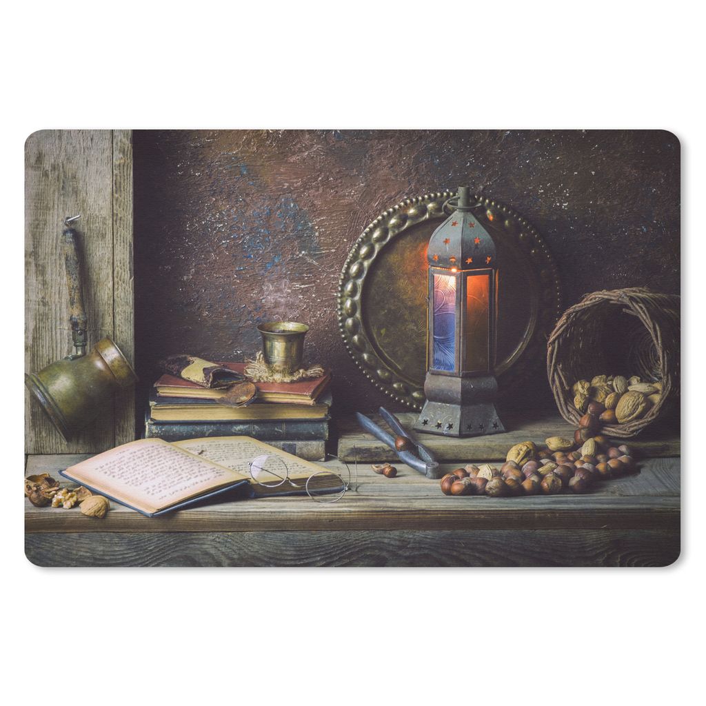 MuchoWow Schreibtischunterlage Buch - Stilleben - Walnuss - Laterne - Vintage 60x40 cm - XXL Mauspad - Großes Mauspad