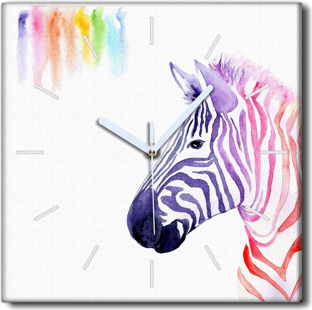 Coloray Uhr auf Leinwand 30x30 cm Wand Uhr Dekoration Wohnzimmer Segeltuch weiße Zeiger -Aquarelle Rainbow Zebra.