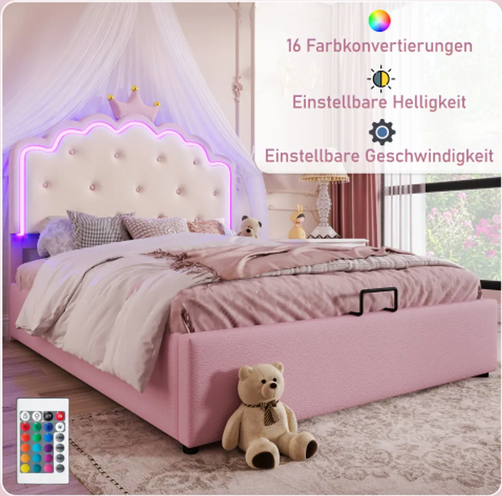 Optimisez votre espace avec ce lit coffre rose 140x200 et LED intégrées - 2