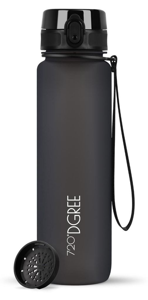 A black water bottle with a black lid and a black strap, shown with a black sieve attachment.