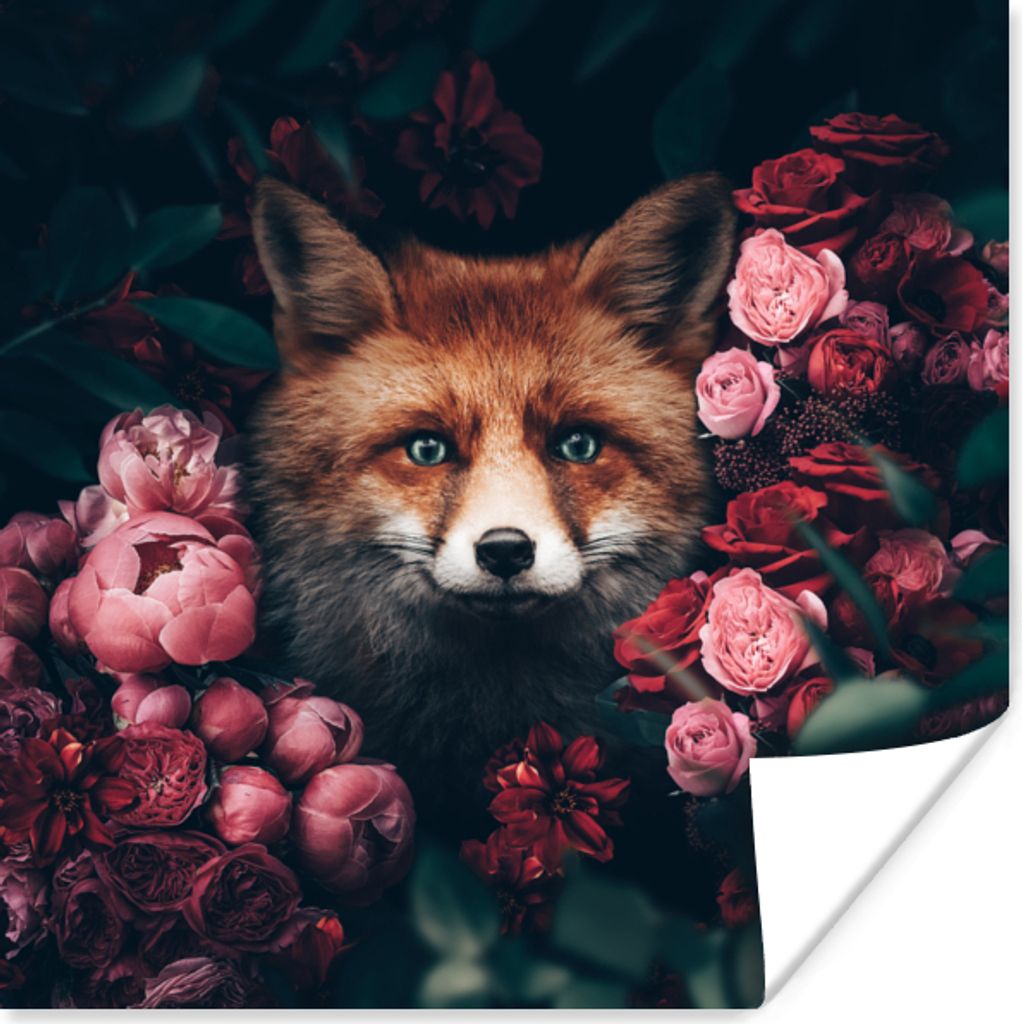 MuchoWow Poster Fuchs - Blumen - Tiere 30x30 cm - Wandposter - Printing