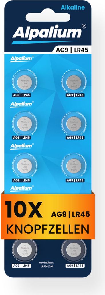 AG9 / LR45 / 936 Knopfzellen - 10 Stück, Alpalium Alkaline, Uhrenbatterien