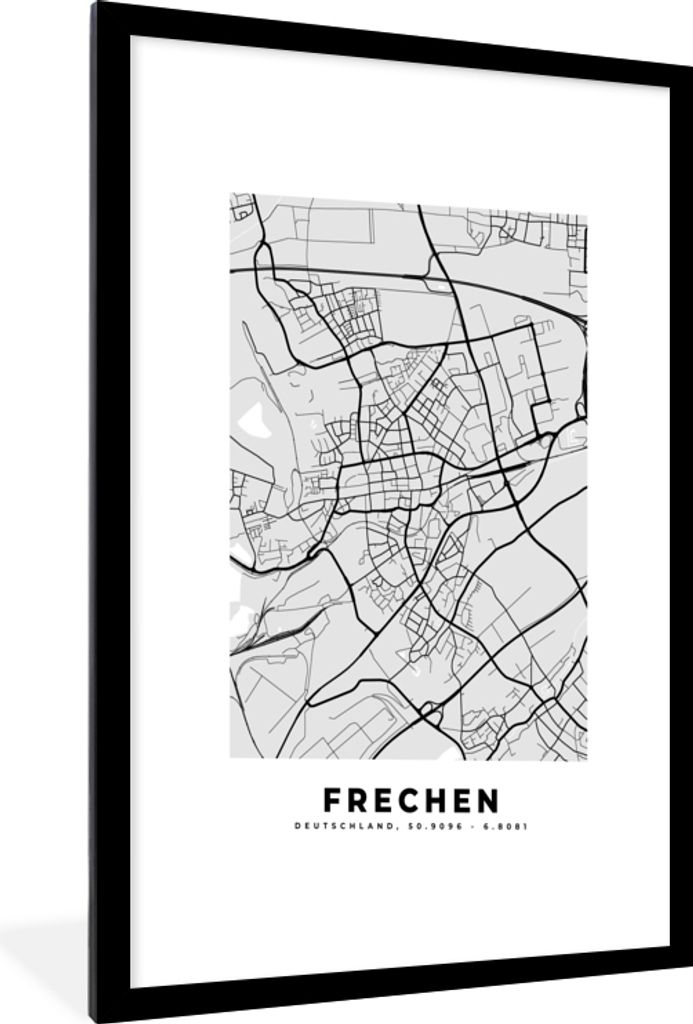 MuchoWow Gerahmtes Poster Stadtplan - Karte - Deutschland - Frechen 60x90 cm - Poster mit Schwarzem Bilderrahmen Wandposter Rahmen Foto Bilder - ...