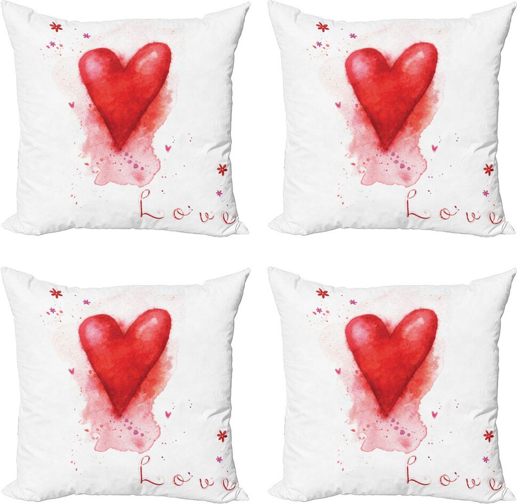 ABAKUHAUS Liebe Kissenbezug Set (4 Stück), Aquarell-Effekt Herz, Moderner Doppelseitiger Digitaldruck, 45 cm x 45 cm, rot-Weiss