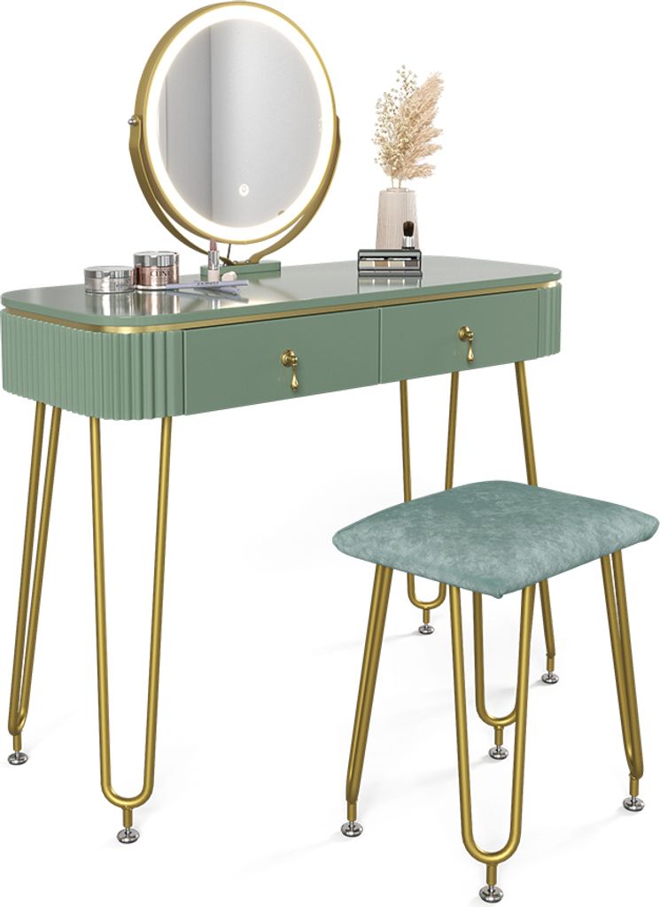 A vanity table with a lighted mirror and a stool, set against a white background.