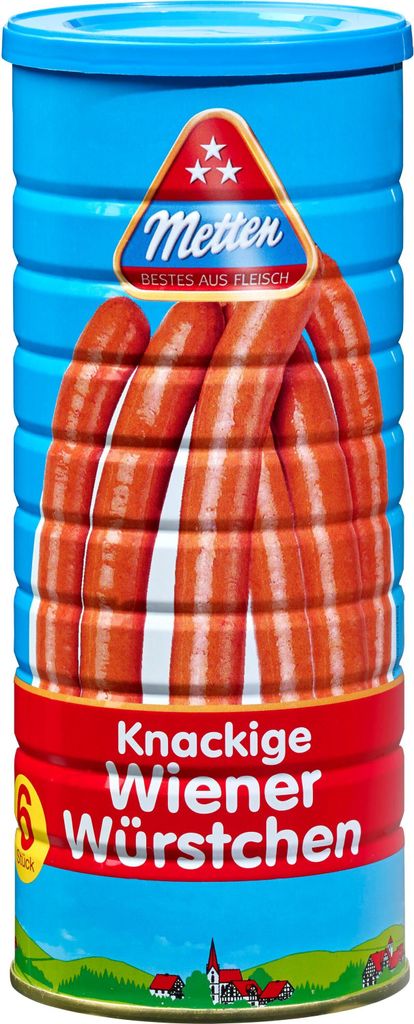 A can of sausages with a landscape scene at the bottom.