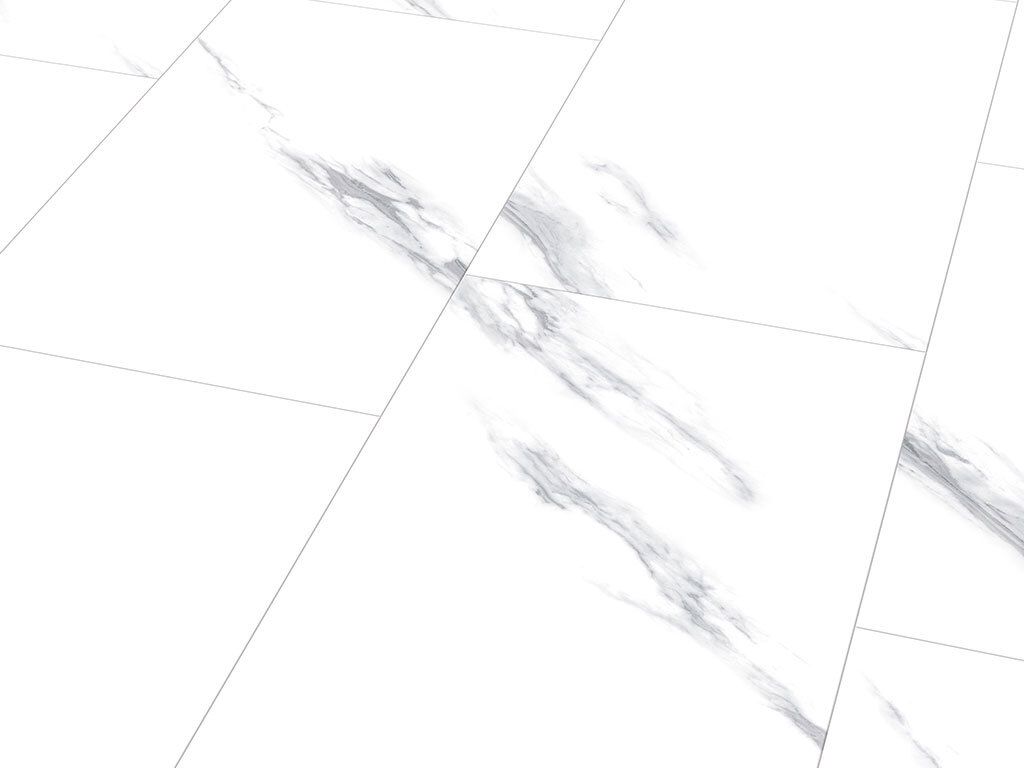 A close-up view of marble-patterned floor tiles.
