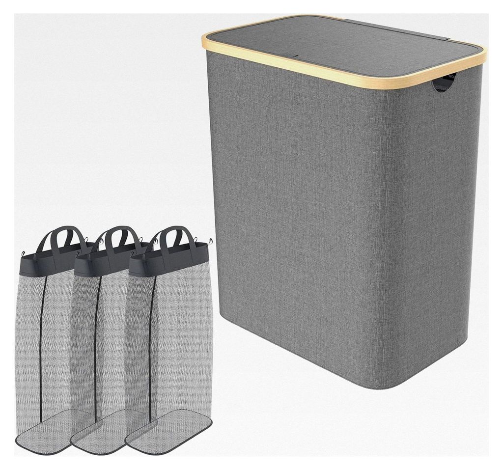 140L Wäschekorb mit Deckel, Wäschesammler mit 3 Fächern und waschbarer Innentasche mit Griffen, Wäschebox in Grau