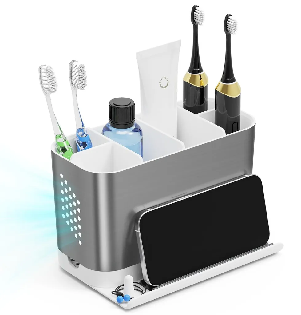 Rangement brosses à dents avec cache-câbles et support téléphone intégré