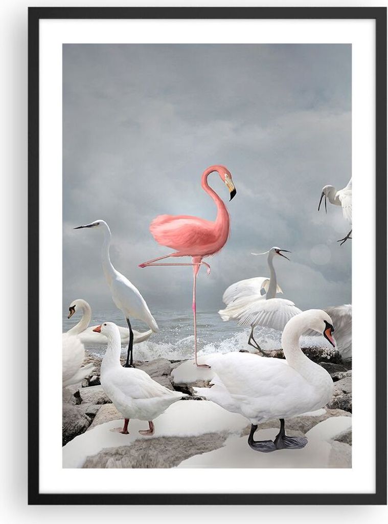 Gerahmtes Poster - Schwarzer Rahmen - Flamingo Schwan Fantasie - 50x70 cm - Wand Bild - Wanddeko - Wandbilder - Kunstposter - Wandposter - Bilderra...