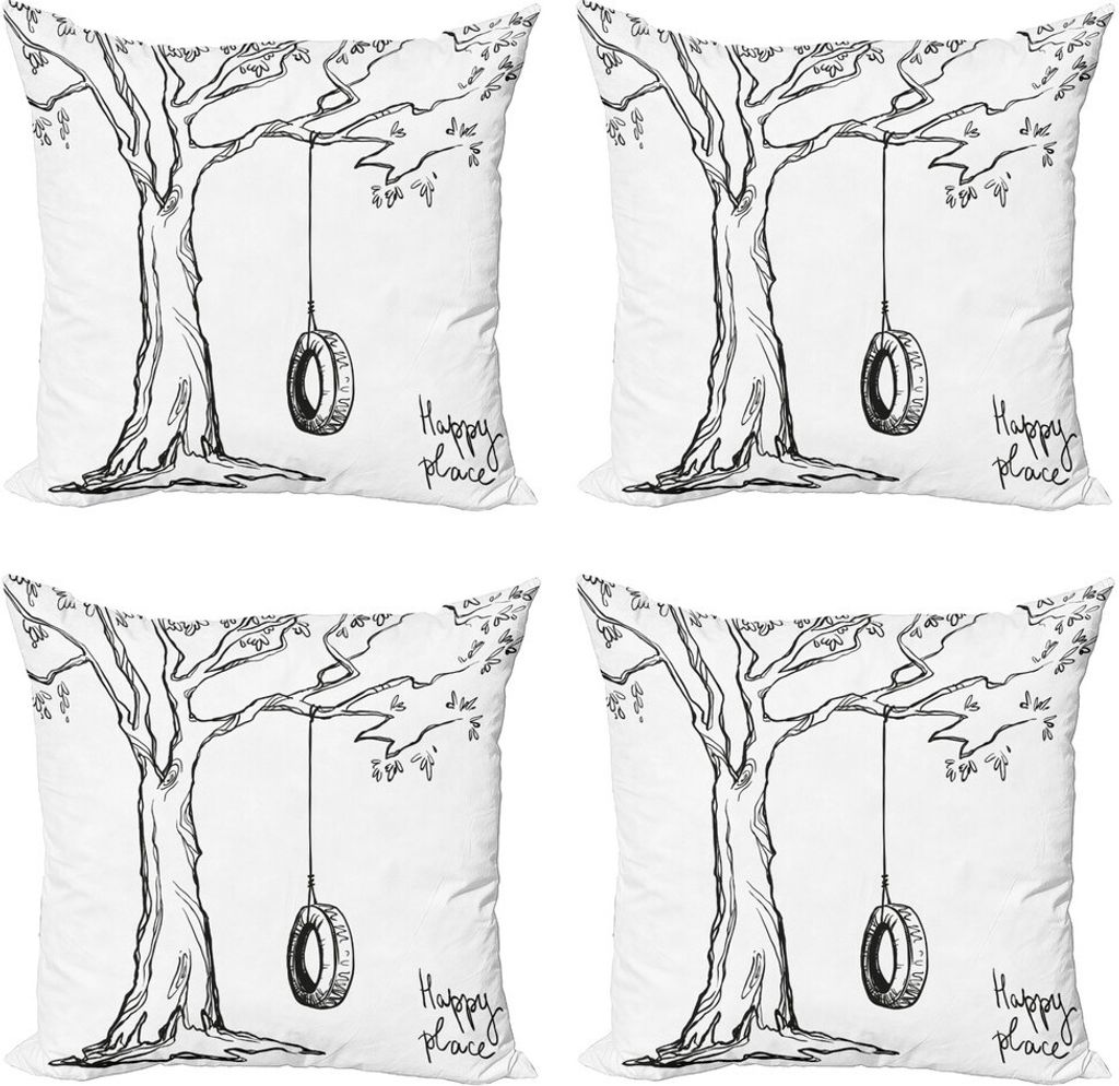 ABAKUHAUS Baum Kissenbezug Set (4 Stück), Happy Place Wörter, Moderner Doppelseitiger Digitaldruck, 60 cm x 60 cm, Schwarz-Weiss