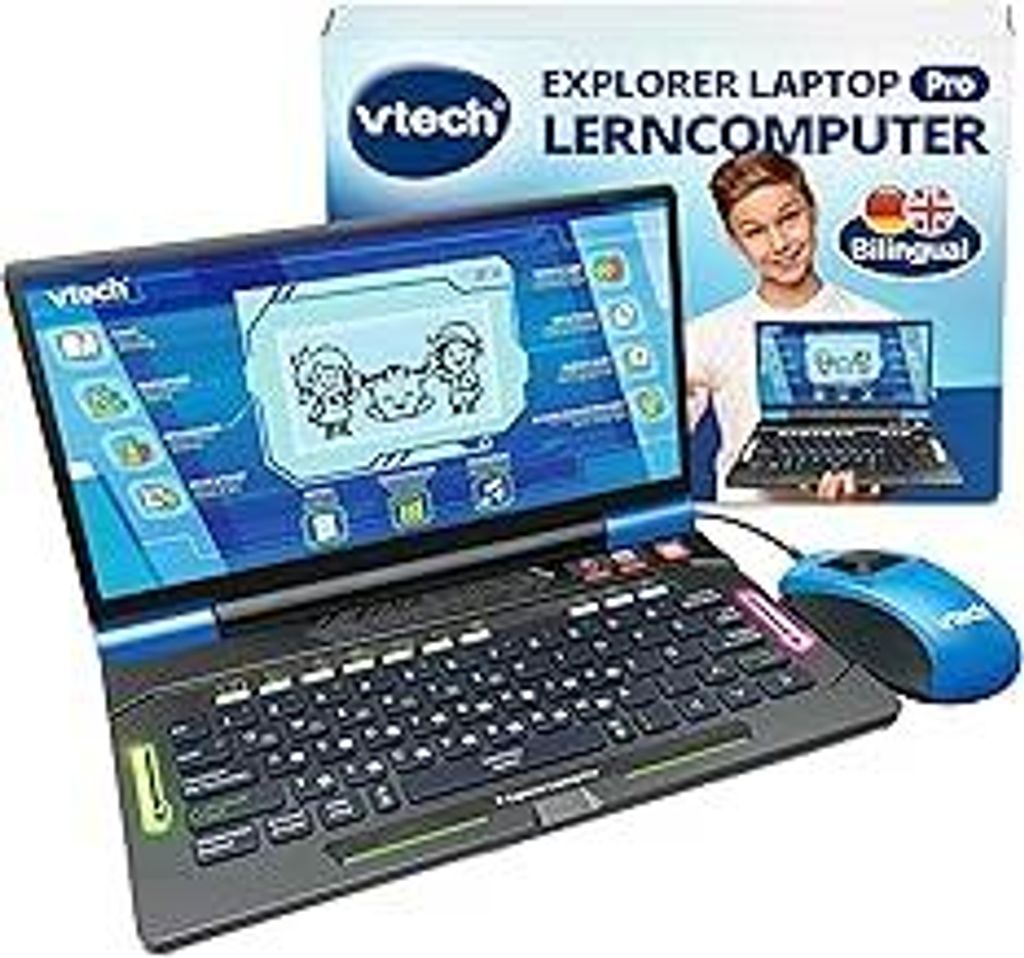 VTech Explorer Laptop Pro – Bilingualer Lerncomputer mit lehrreichen Spielen aus 8 Kategorien wie Lesen, Mathematik oder Englisch – Mit QWERTZ-...