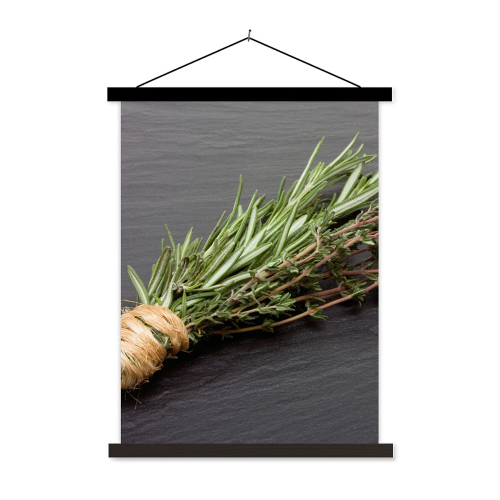 MuchoWow Textilposter Thymian - Kräuter - Grün - Tisch - Küche - Stein 60x80 cm mit schwarzem Rahmen - Plakathalter