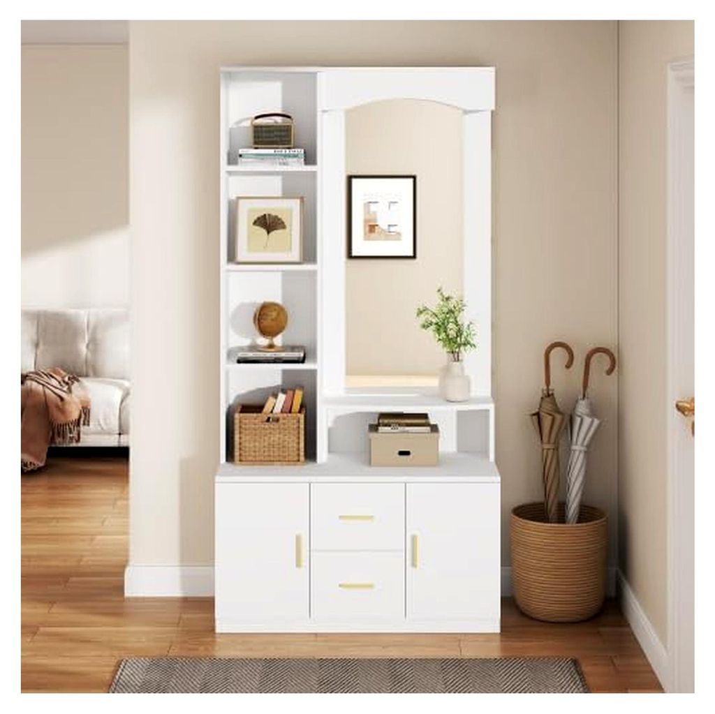 Multifunktionaler Garderobenschrank für den Flur mit Spiegel, 2 Schubladen und Regalen, Schuhschrank in Weiß, 90x40x180 cm