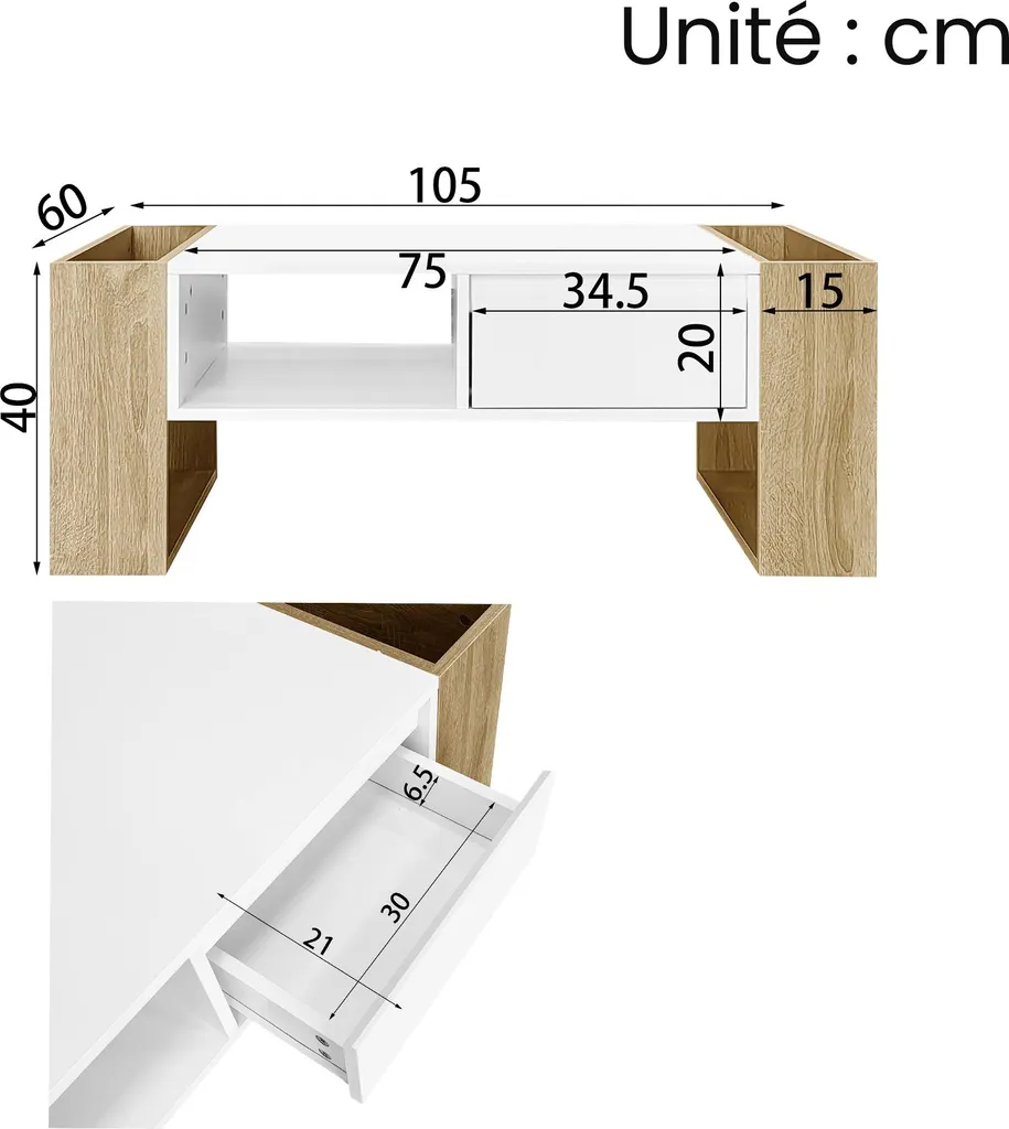 Table Basse de Rangement Gain de Place pour Salon Encombré Bois/Blanc - 4