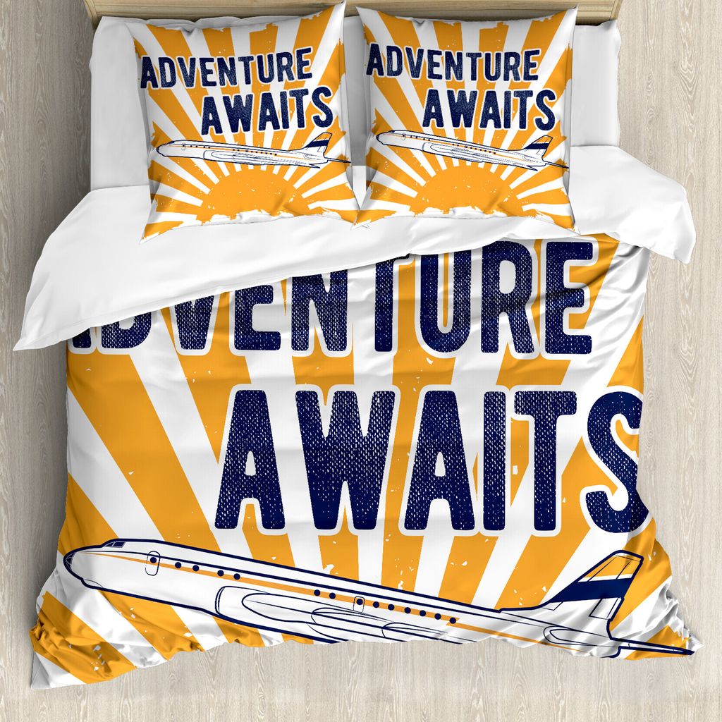 ABAKUHAUS Sprichwort Bettbezug, Flugzeug Sun Journey, Milbensicher Allergiker geeignet mit Kissenbezügen, 200 cm x 200 cm - 80 x 80 cm, Navy Blau ...