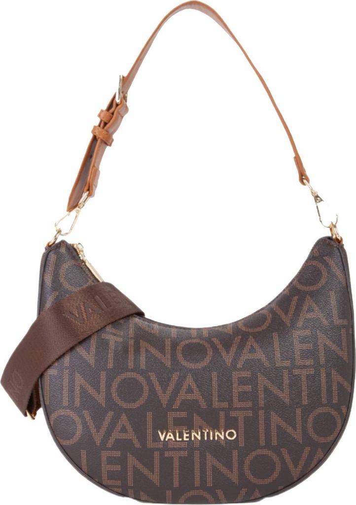 A brown Valentino Bags Beuteltasche Regina handbag with a repeating logo pattern.