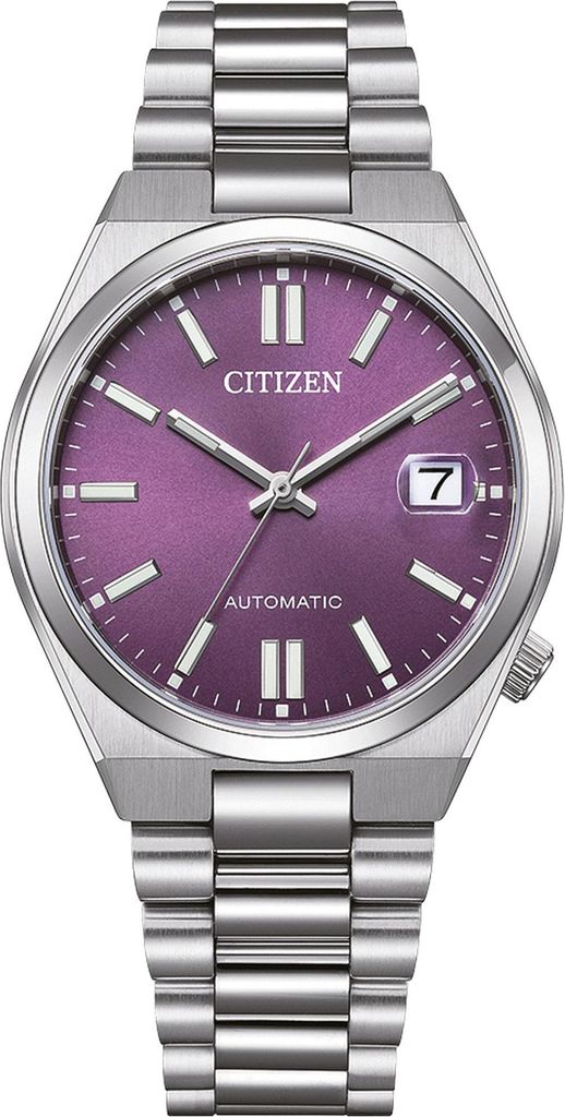 A close-up studio shot of a men's wristwatch with a purple dial and silver metal band.
