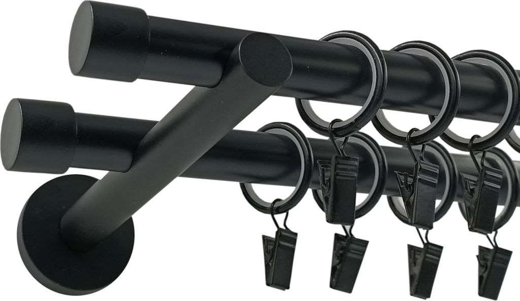 Techno 200 cm Doppelte Gardinenstange Schwarz 19 mm aus Metall mit Endstück LUNA Komplettset mit Ringen und Clips Inklusive Montagezubehörset