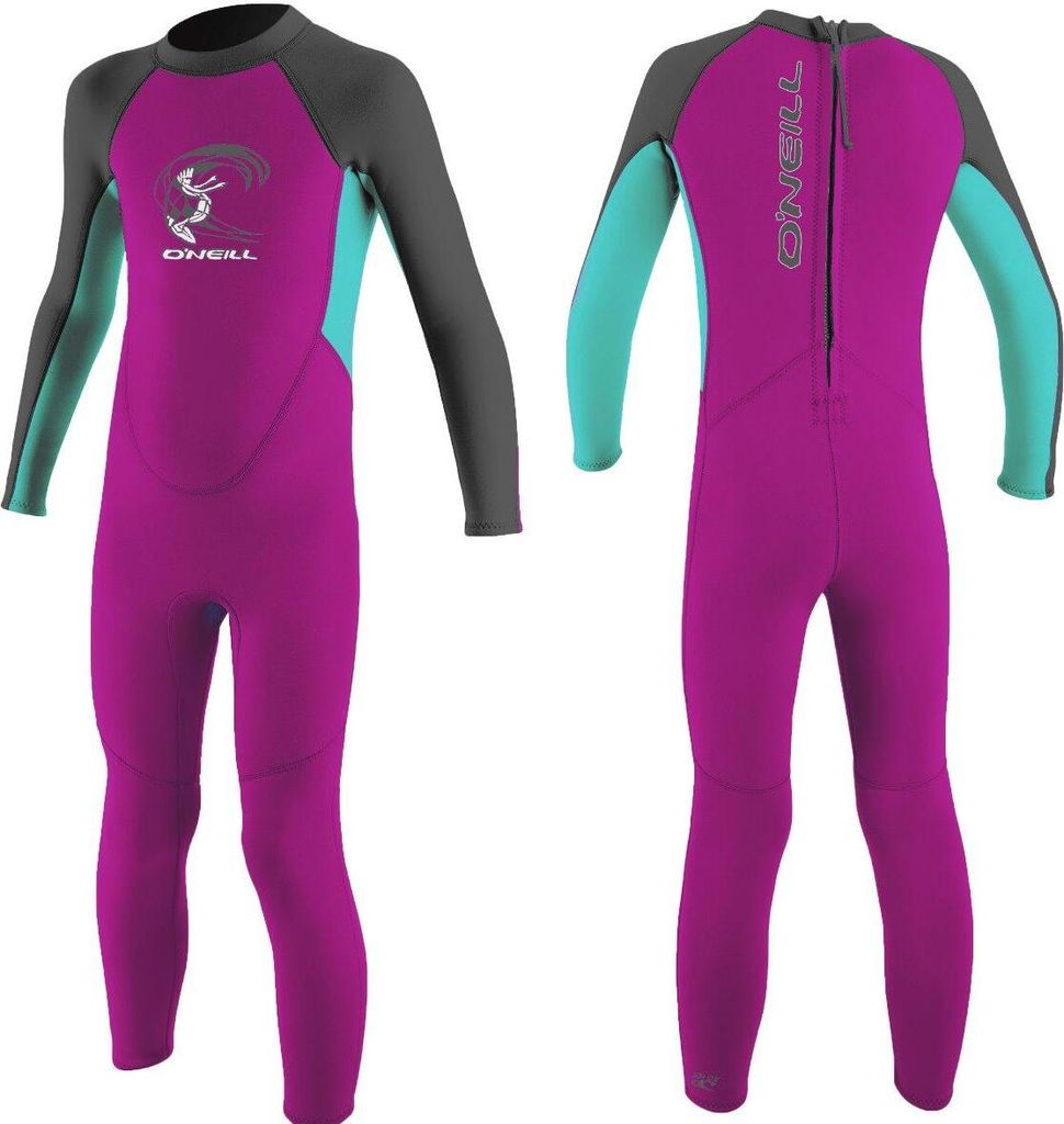 A product image showing a child's wetsuit from the front and back.