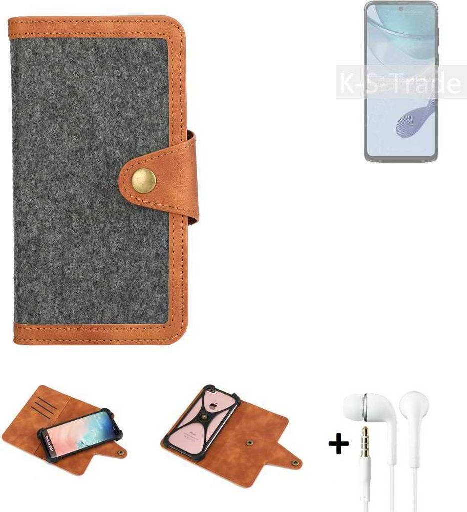 K-S-Trade Handyhülle + Kopfhörer kompatibel mit Motorola Moto G53 5G Schutzhülle Filzhülle Kunstleder dunkelgrau braun (1x)