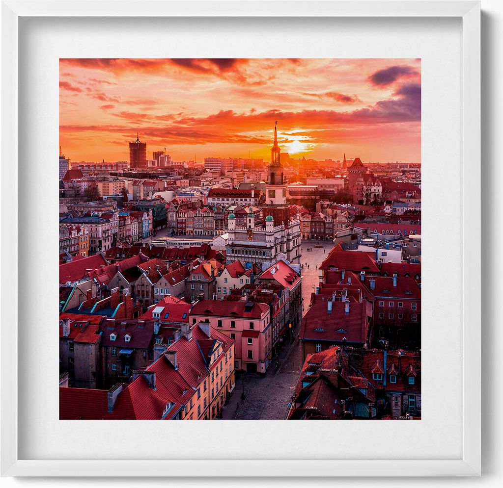 Poznan - Panorama– Wandbild mit Rahmen – Gerahmtes Bild – Wanddekoration – 50x50 cm – Weiß Rahmen