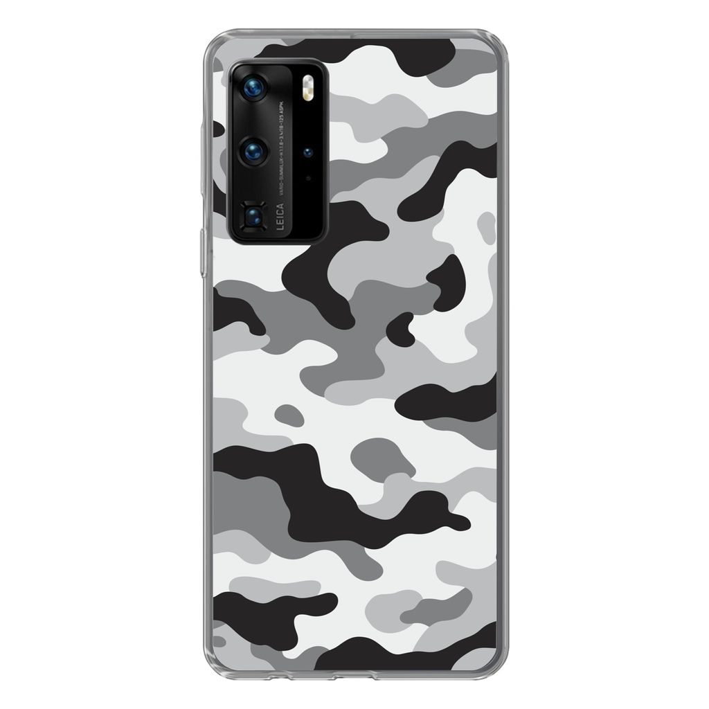 MuchoWow Handyhülle Schutzhülle Hülle für Huawei P40 Pro Schwarz-weißes Camouflage-Muster Silikon Softcase Handy Hülle - Schutz
