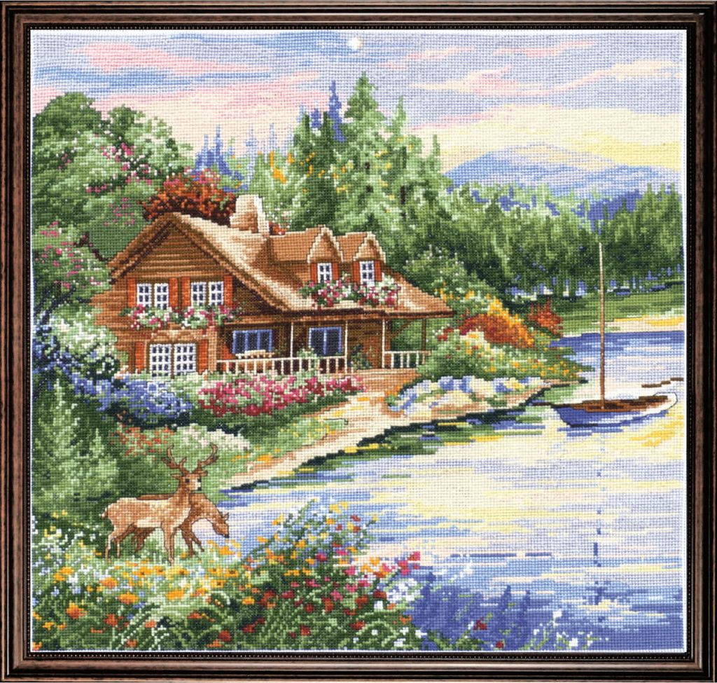 Design Works Kreuzstich Stickpackung "Hütte am See", Zählmuster, 38x38cm
