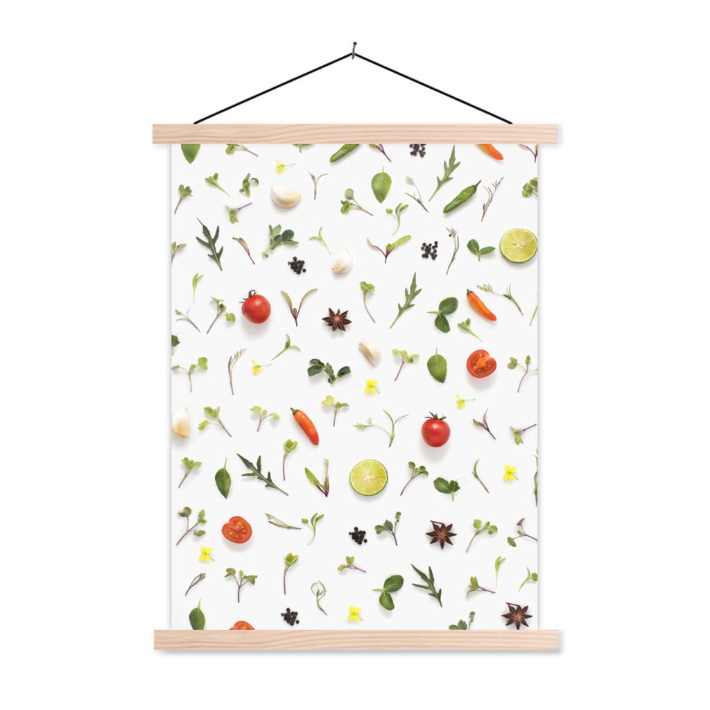 MuchoWow Textilposter Flachgelegte Früchte, Gemüse, Gewürze und Kräuter 60x80 cm mit holzfarbenen Rahmen - Wandbild