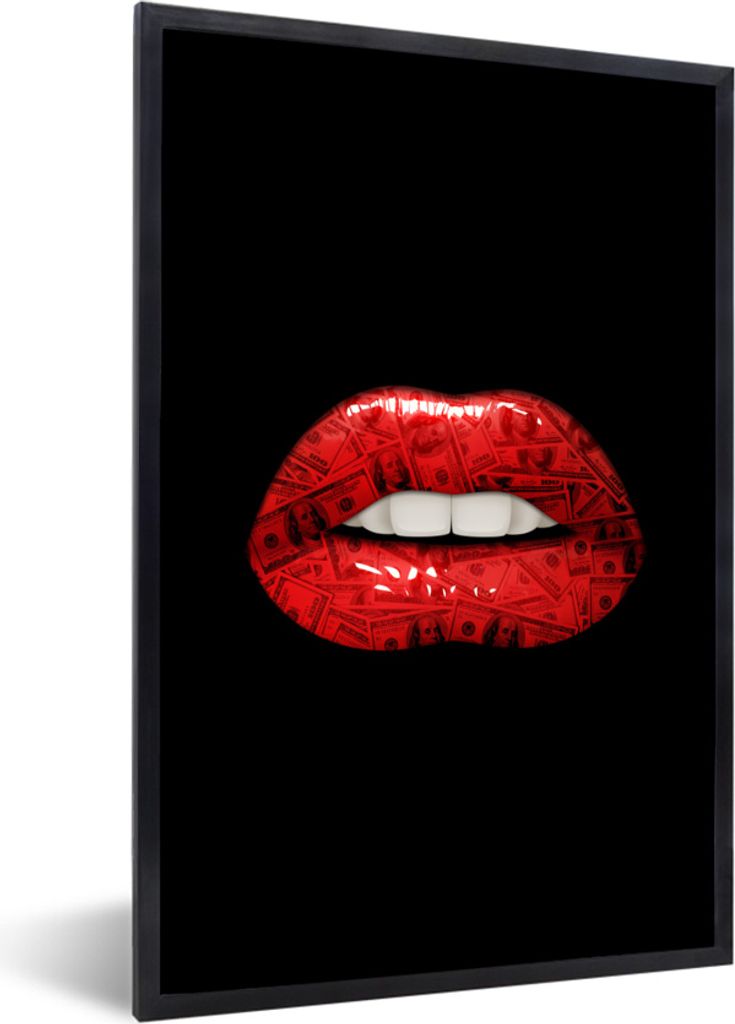 MuchoWow MuchoWow Gerahmtes Poster Lippen - Geld - Rot 40x60 cm - Poster mit zchwarzem Bilderrahmen - Papierdruck - Wandbilder