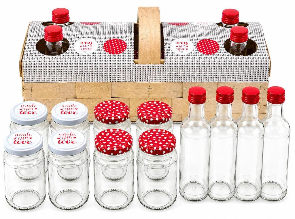 Geschenk-Einmach-Set im Holzkorb – Marmeladengläser und Produktbild 