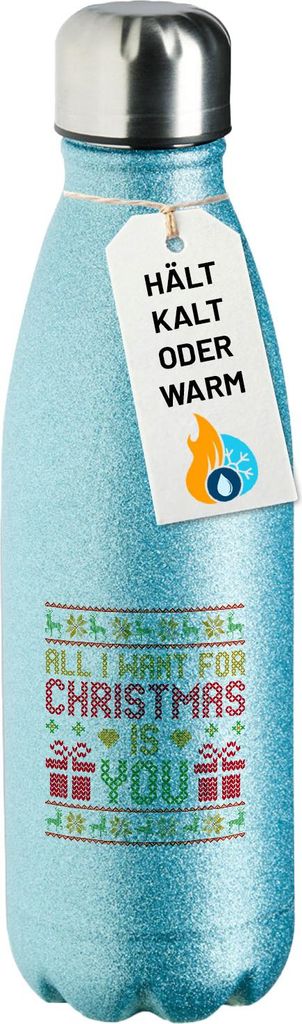 Huuraa Trinkflasche Ugly Christmas All I want is you 500ml Blue Edelstahl Wasserflasche Trinkflasche Geschenkidee