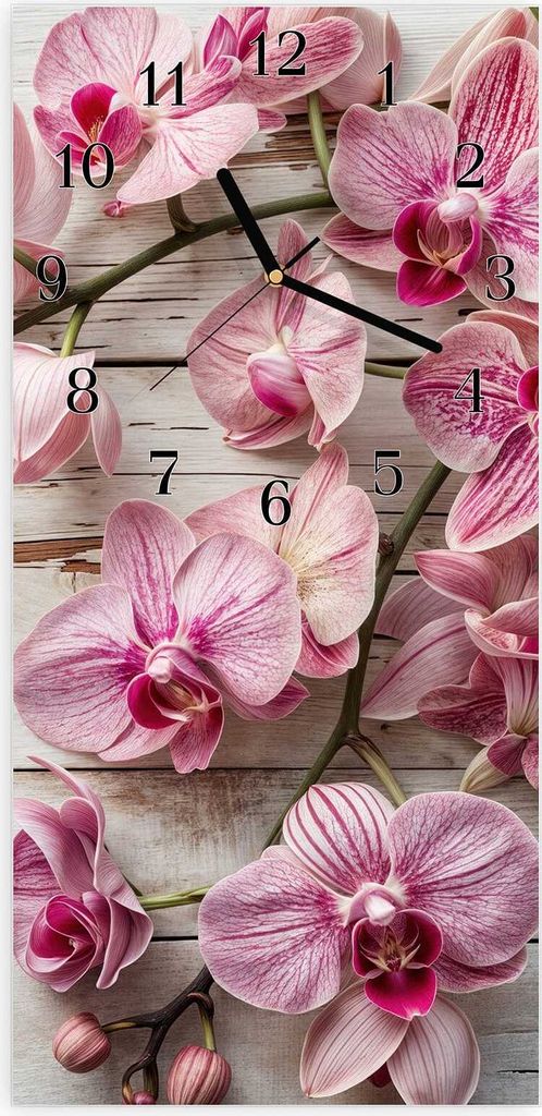 Wanduhr aus Glas mit Motiv Orchideen auf Holz- 30 x 60 cm - inkl. Aufhängesystem