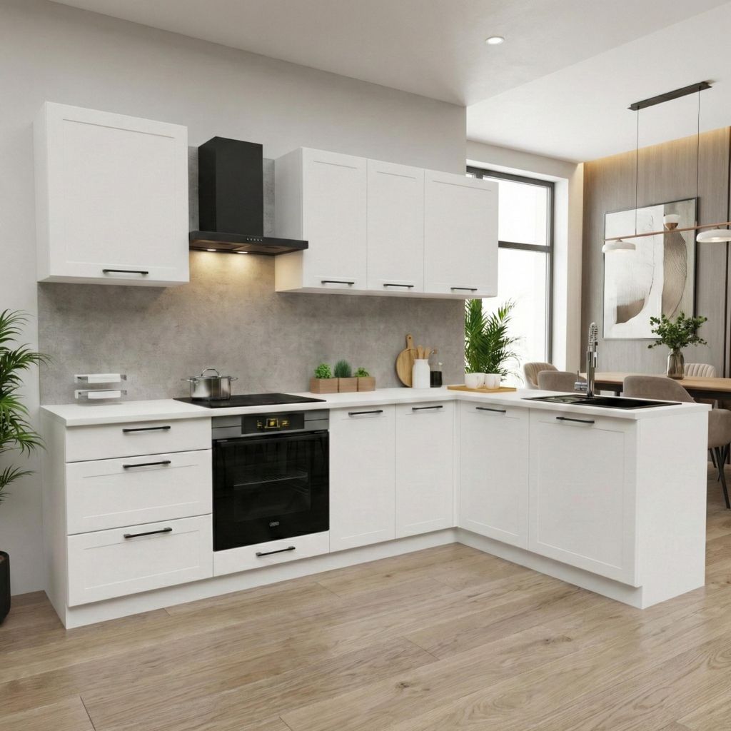 Küchenzeile - Küche L Form - 260x170 cm - Weiß Matt - mit weißer Arbeitsplatte - MDF - Küchenmöbel - ADELE