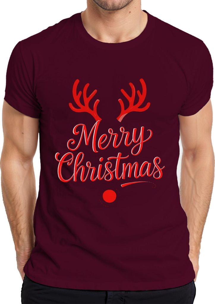 Merry Christmas Rentier Rudolph Weihnachten Festlich Lustig Retro Herren T-Shirt, Burgundy, L
