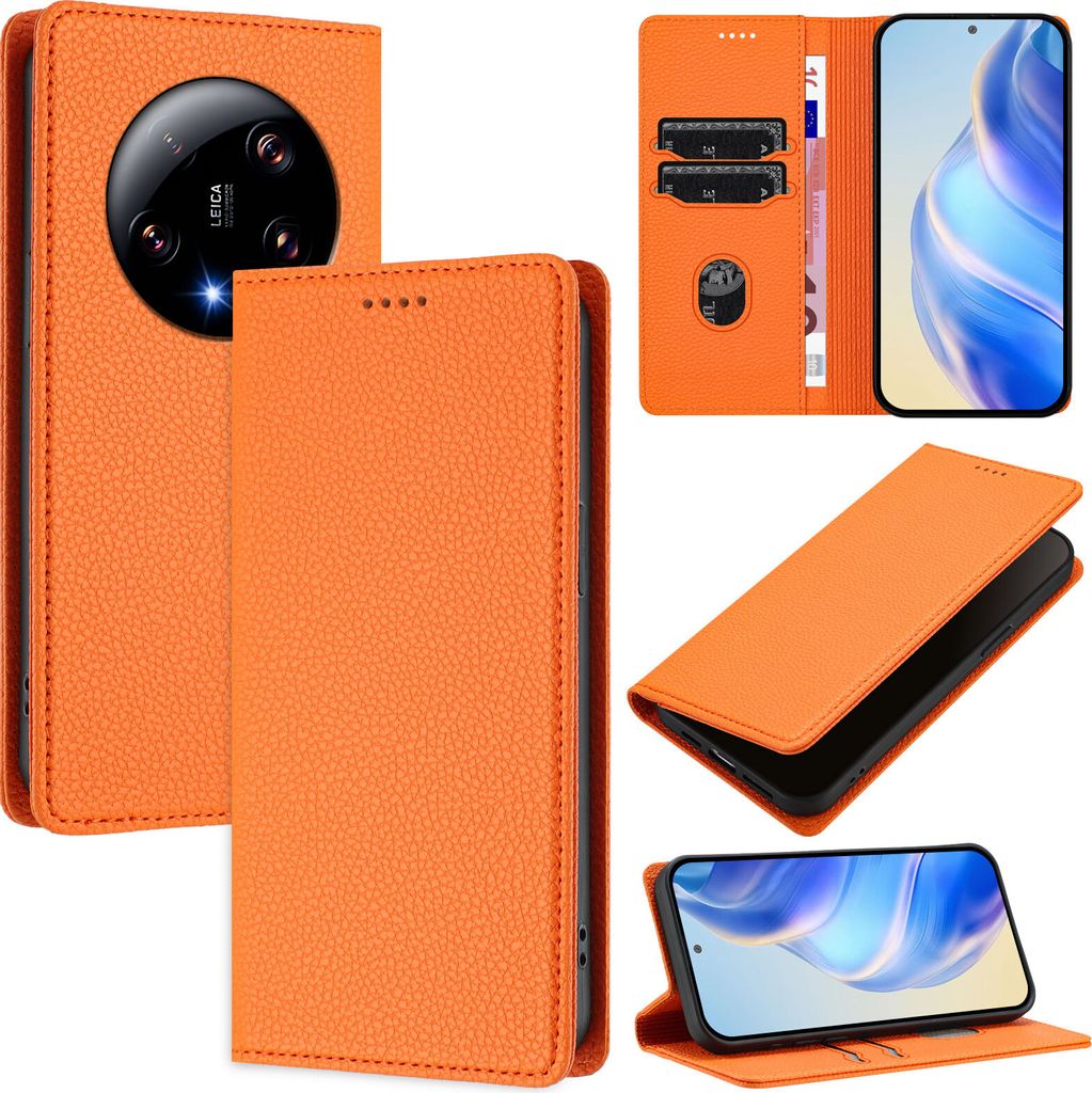 Litchi Leder Handyhülle für Xiaomi 13 Ultra Wallet Kartenfächer Standfunktion Hülle Orange