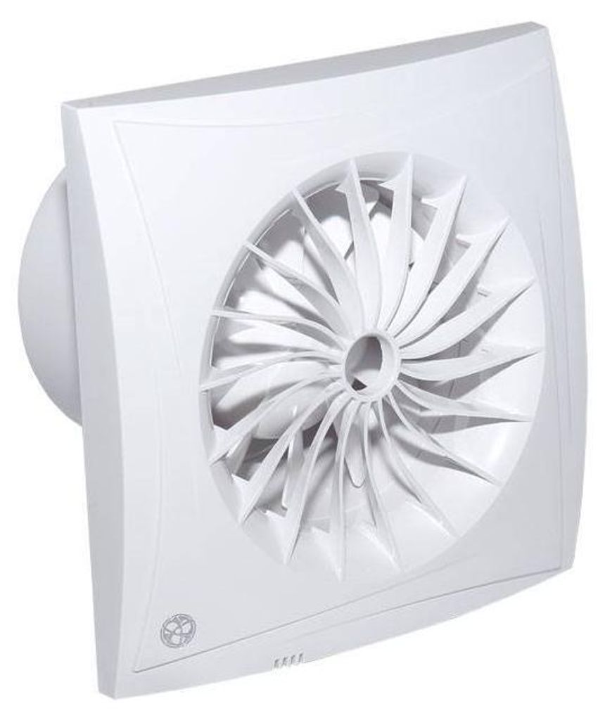 A white bathroom fan is shown from a three-quarter angle against a white background.