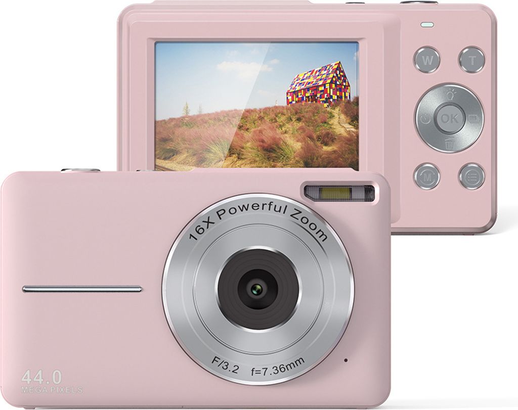 MODFU kompakte Digitalkamera, 4K HD 1080P 44MP Fotokamera mit 32 GB SD-Karte, 16-fachem Digitalzoom, elektronischer Bildstabilisator, Rosa