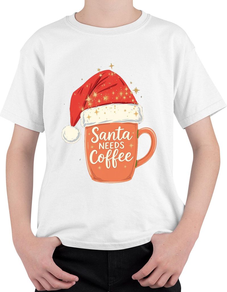 Santa Needs Coffee Weihnachtsmann Kaffee Weihnachten Geschenk Uni Kinder T-Shirt, Weiß, 116