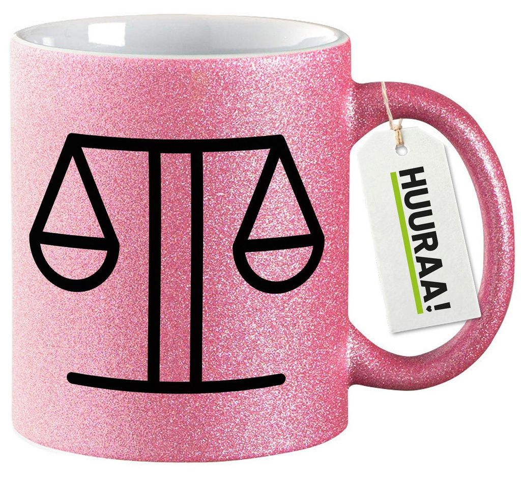 Huuraa Glitzertasse Waage Sternzeichen Symbol 330ml Pink Keramik Kaffeebecher Geschenkidee