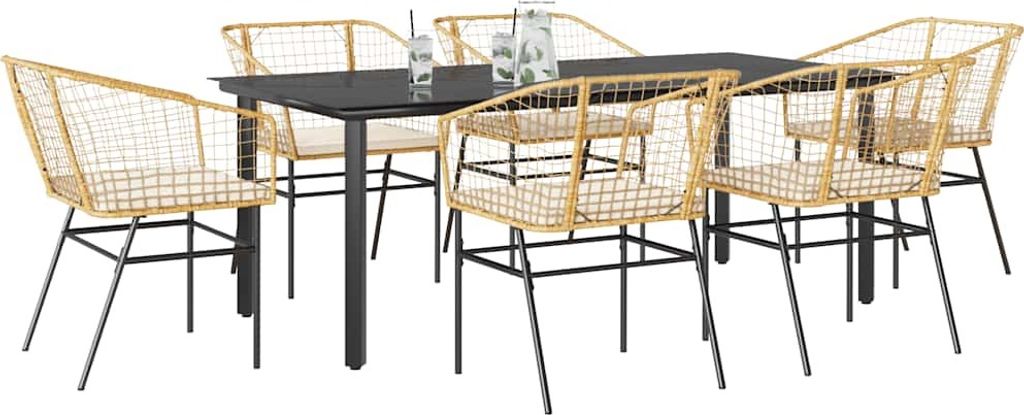 7-tlg. Garten-Essgruppe mit Kissen Braun Poly Rattan Glas, Gartenmöbel-Sets DesignMöbel Neu
