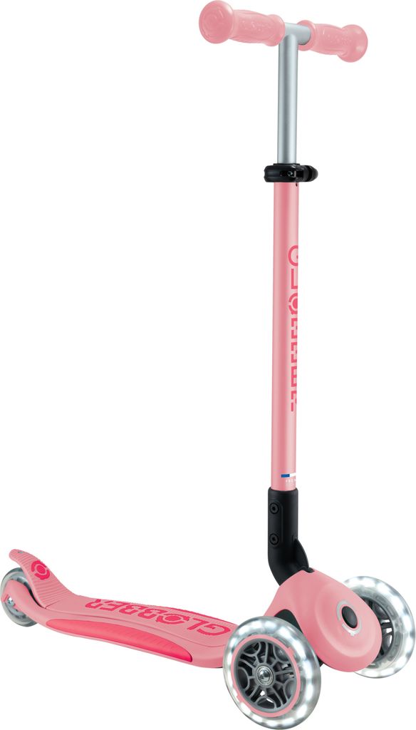 A pink three-wheeled scooter for children, shown from a slightly elevated side-angle against a white background.