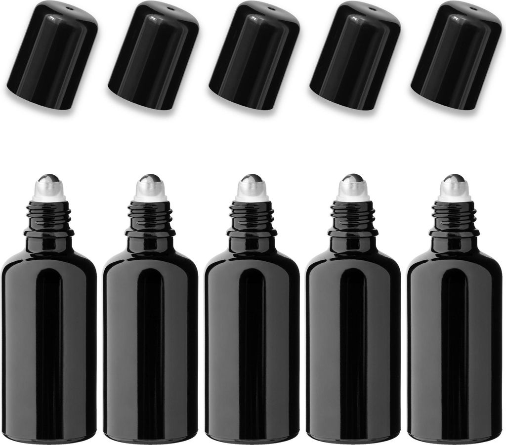 5x Glasflasche schwarz 50 ml Roll-on mit schwarzem Verschluss Kosmetik