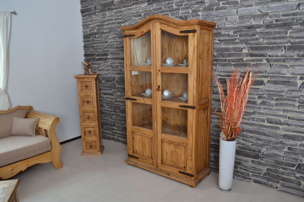MiaMöbel Vitrine Mexico Möbel 107x190x45 cm Landhausstil Glas Massivholz Pinie Honig