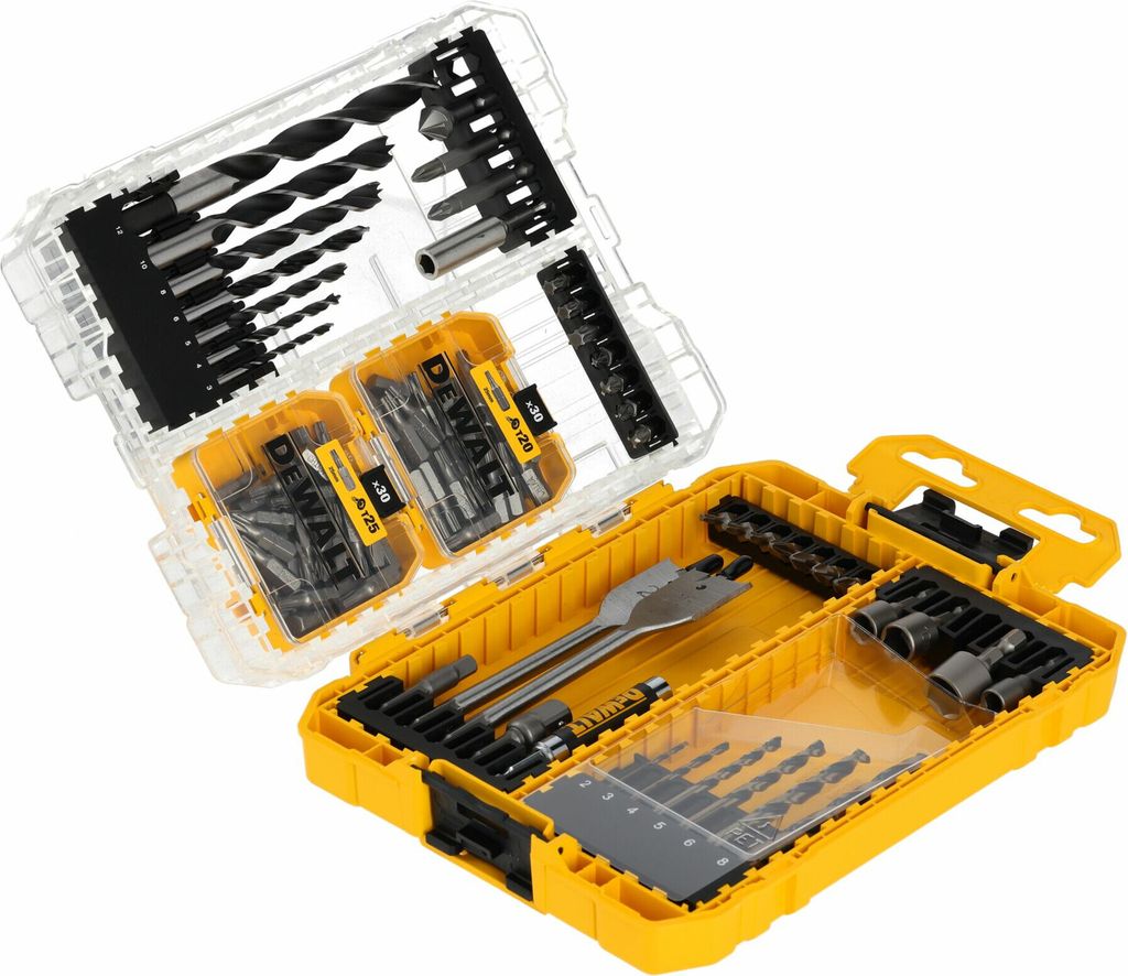 A set of drill bits and driver bits in a clear and yellow DeWalt case.