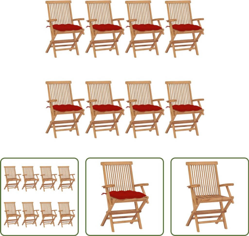 The Living Store Gartenstühle mit Roten Kissen 8 Stk. Massivholz Teak