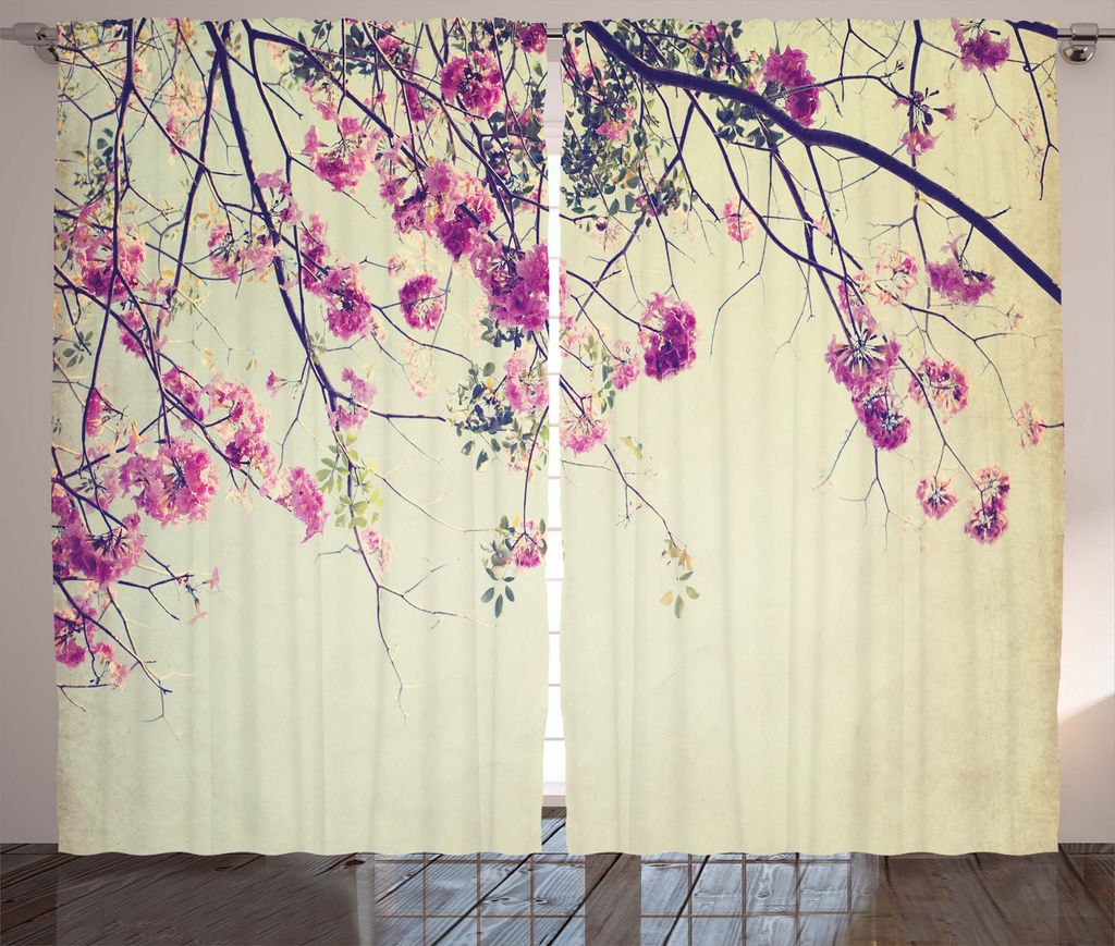 ABAKUHAUS Natur Rustikaler Vorhang, Sakura Cherry Blooms, Wohnzimmer Universalband Gardinen mit Schlaufen und Haken, 280 x 175 cm, Creme Fuchsia Brown