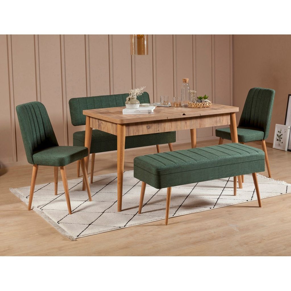 Skye Decor, Vina 1070 - 4 - Atlantic, Green, Set aus ausziehbarem Esstisch und Stühlen (5-teilig), Atlantische Kiefer, 100 % MELAMINBESCHICHTETE S...